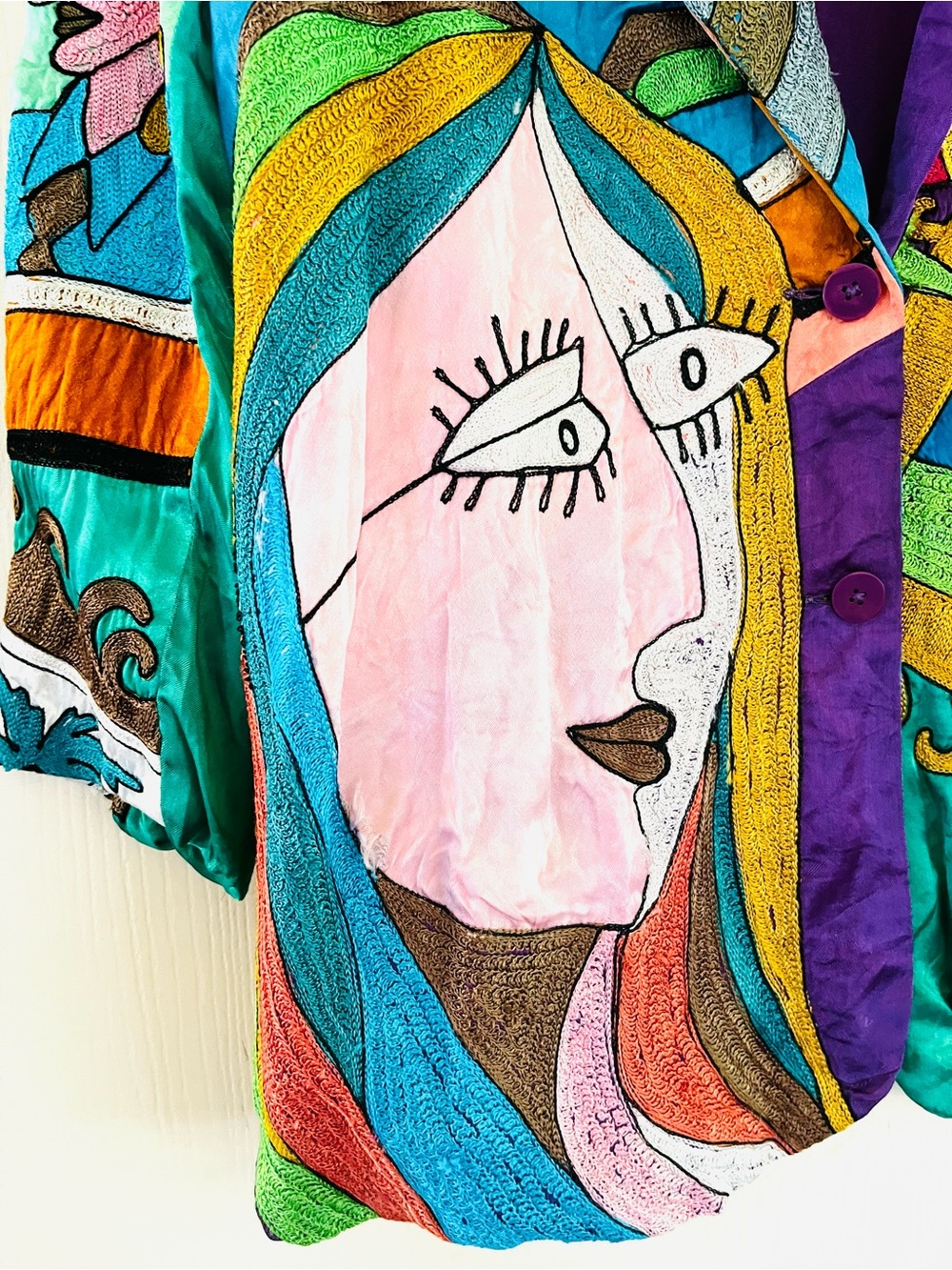 VTG Sandy Starkman Wearable Art Silk Picasso Inspired Boho Maximalism Jacket M - Picture 8 of 12